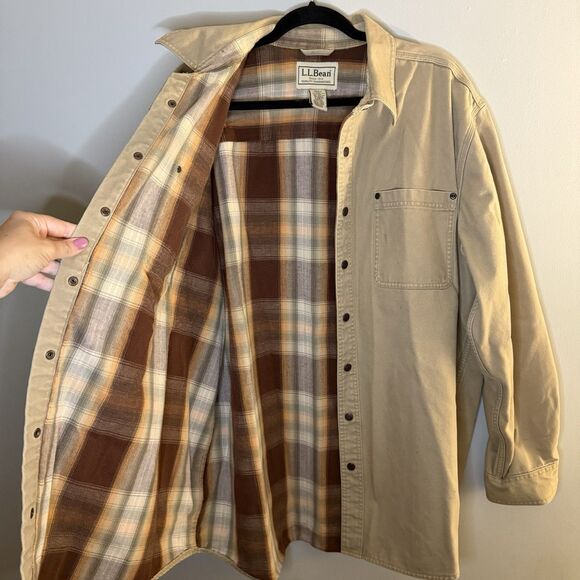 L.L.Bean Mens XL Work Shirt Snap Button Up Flannel Lined Tan Canvas Shirt Jacket - Picture 4 of 7